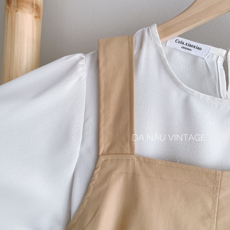 set yếm kate kèm áo trắng tay bồng phông cách ulzzang ( ảnh thật)