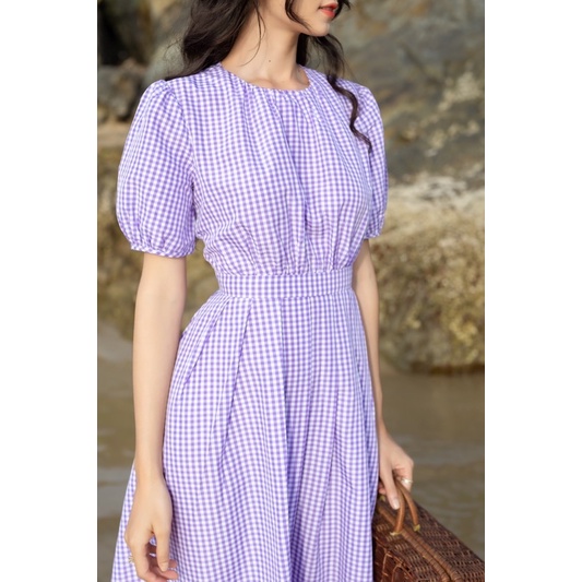 Đầm cổ tròn tùng xếp ly xoè caro tím Camy dress