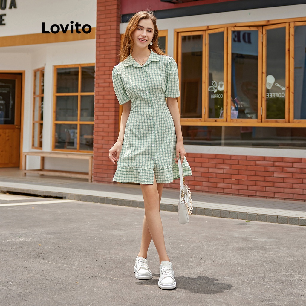 113XJ Lovito BACK TO SCHOOL Váy nữ ren lên cổ áo sơ mi kẻ sọc giản dị L32EE035