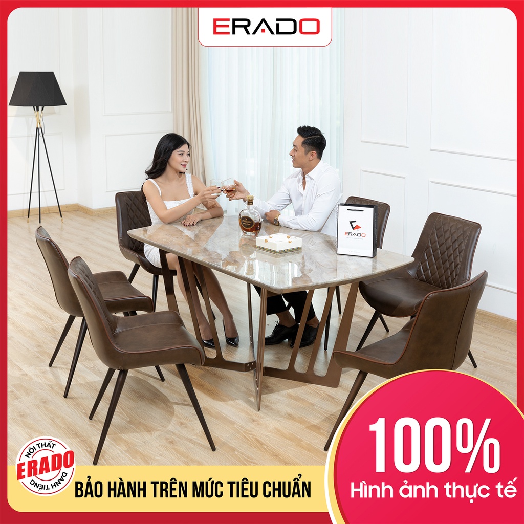 Bộ bàn ghế ăn mặt đá màu nâu Light Emperador, bàn ăn cơm gia đình, ghế ăn bọc da nhập khẩu chính hãng mã T1718A