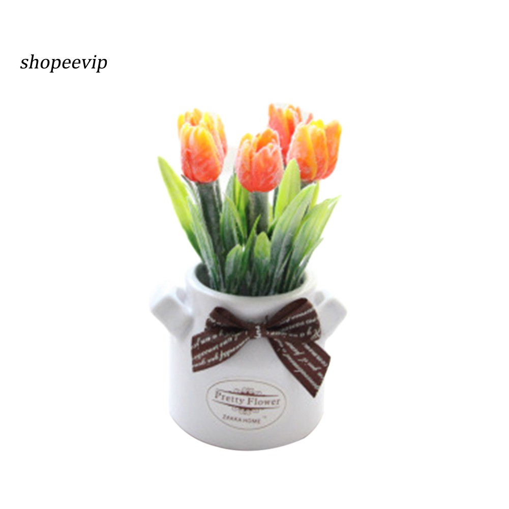 Bộ Chậu Hoa Tulip Giả Kèm Nơ Xinh Xắn Dùng Để Trang Trí Độc Đáo
