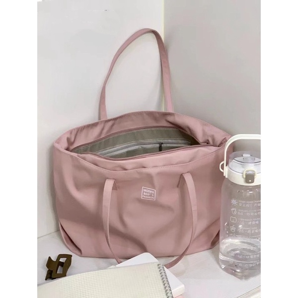 Túi xách tote vải đeo vai học thêm / đi làm rộng rãi nhiều ngăn basic pastel có khoá kéo Yannie Lolita