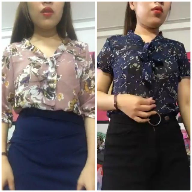 Combo 2 áo sơ mi voan công sở cổ nơ, tay lỡ +cộc chất chiffon, hàng đẹp, bao chất. Bao giá, đủ size xml từ 44 kg - 63 kg