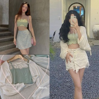 Set croptop 2s xanh mint gợn sóng + Khoác crop trắng