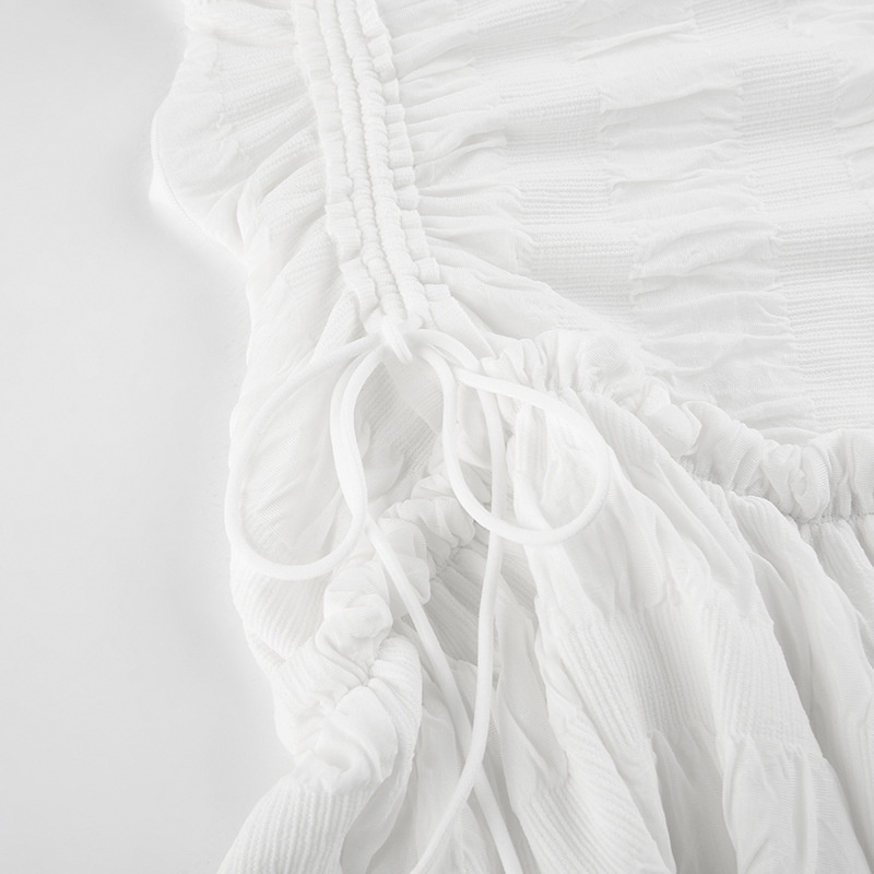 Đầm Tay Ngắn Cổ Vuông Xếp Ly Cột Dây Thời Trang Trẻ Trung Cho Nữ