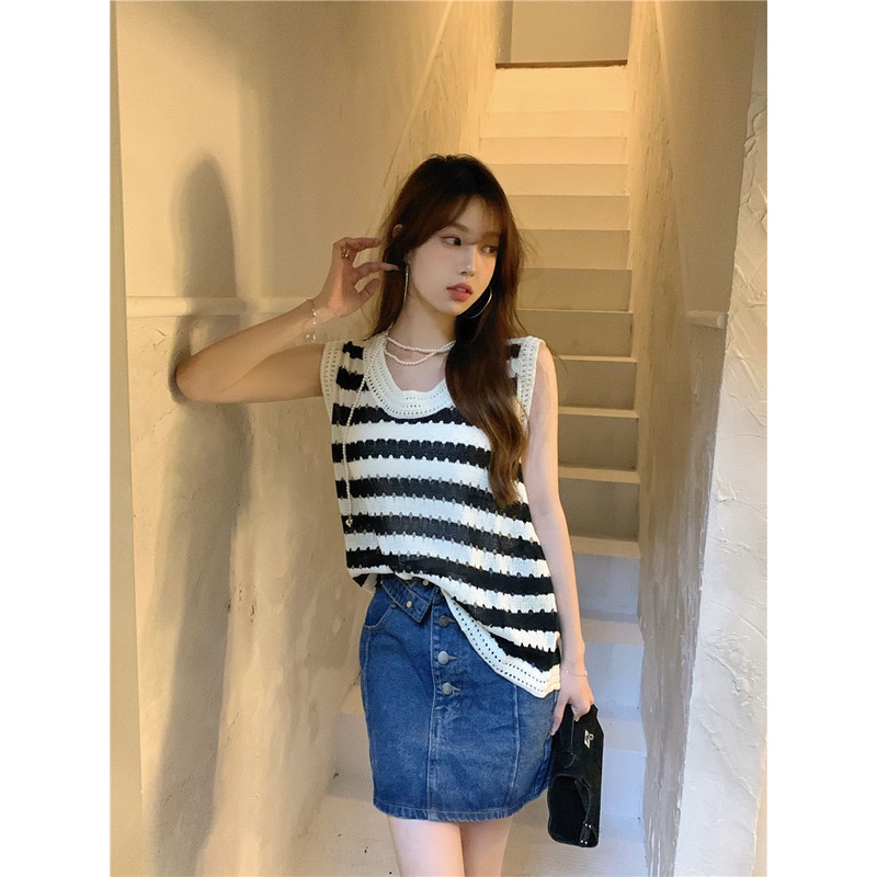 Áo Tank Top Dệt Kim Sát Nách Dáng Rộng Kẻ Sọc Đen Thời Trang Mùa Hè