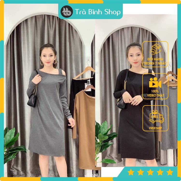 Váy len trễ vai dáng suông form rộng Đầm len trơn chéo vai
