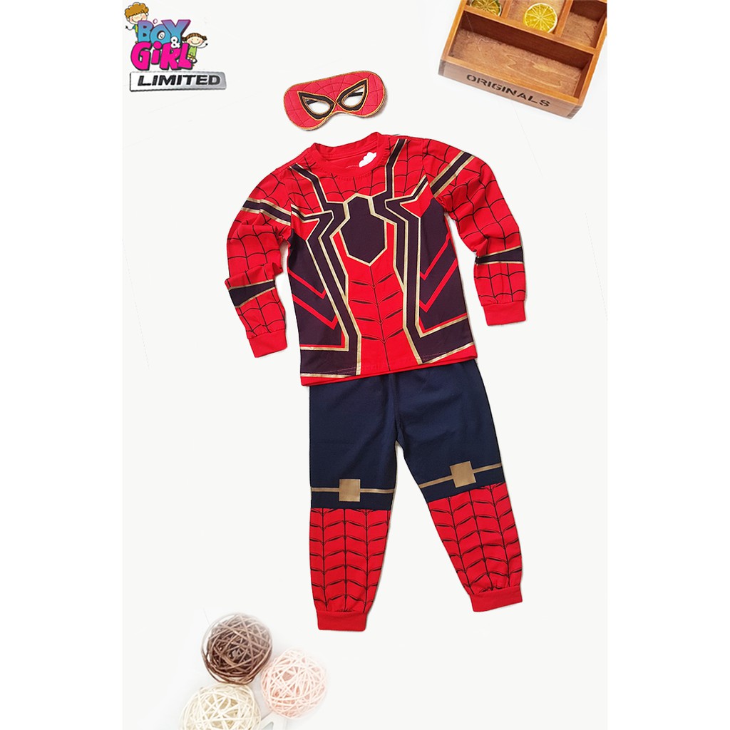 Quần áo siêu nhân Người Nhện Spider-Man dài tay in nhũ đỏ đen vàng- tặng mặt nạ