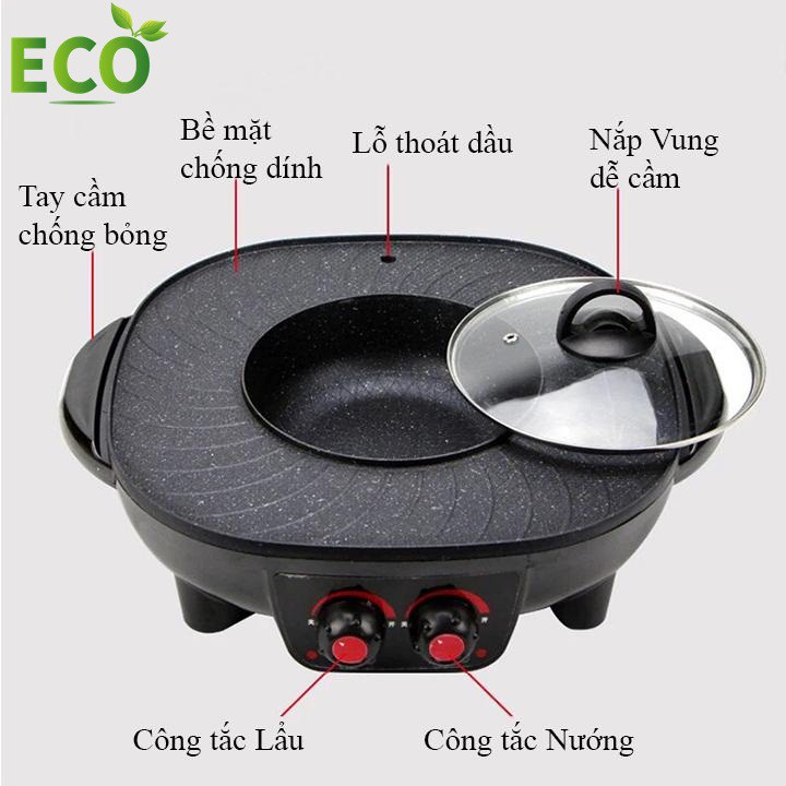 Bếp Lẩu Nướng,Bếp Điện Đa Năng 2 Nút Chỉnh Nhiệt Độc Lập,Sử Dụng Thuận Tiện Dễ Dàng, Tiết Kiệm Không Gian,Xào Rán Nấu