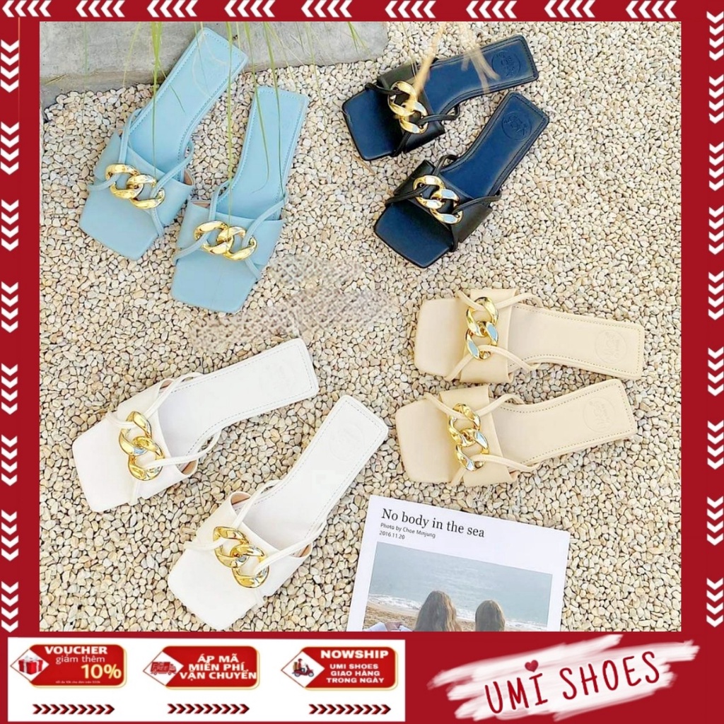 [SẴN-NOWSHIP HN] Dép nữ quai ngang móc 2 khóa xích sáng chân mũi vuông đế bệt thời trang đi biển kiểu mới hot đẹp xinh