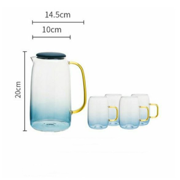 Bình Nước Thủy Tinh vân xanh chịu nhiệt1400ml, 4 Ly 230ml