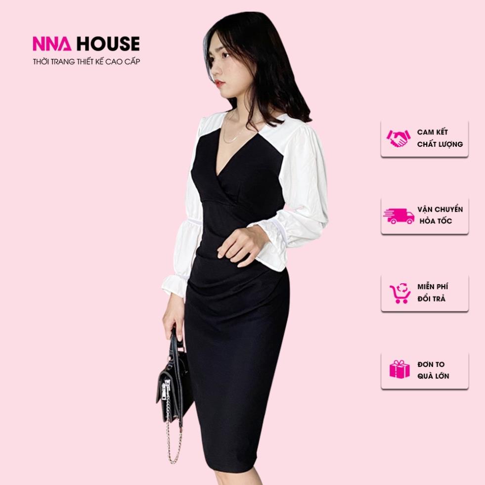 Váy dài tay phối đen trắng - Đầm thiết kế dáng xuông cổ trễ tay bồng sang trọng NNAHOUSE Mã NA213