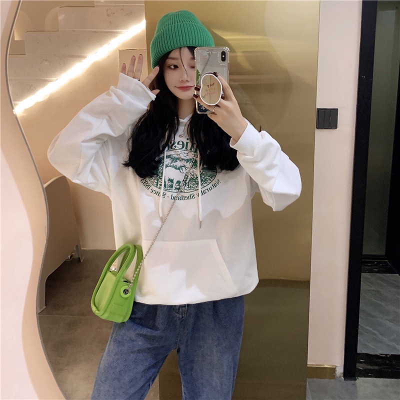 Áo Hoodie Form Rộng Họa Tiết In Theo Phong Cách Preppy Dễ Phối Đồ