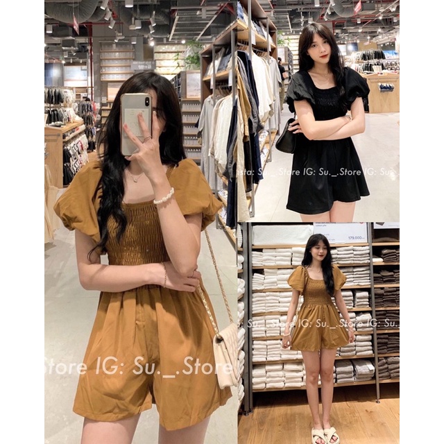 Jumsuit nữ đồ bay mùa hè áo liền thân short ngắn ống rộng bu chun tay phồng tôn dáng năng động du lịch cafe hàn quốc
