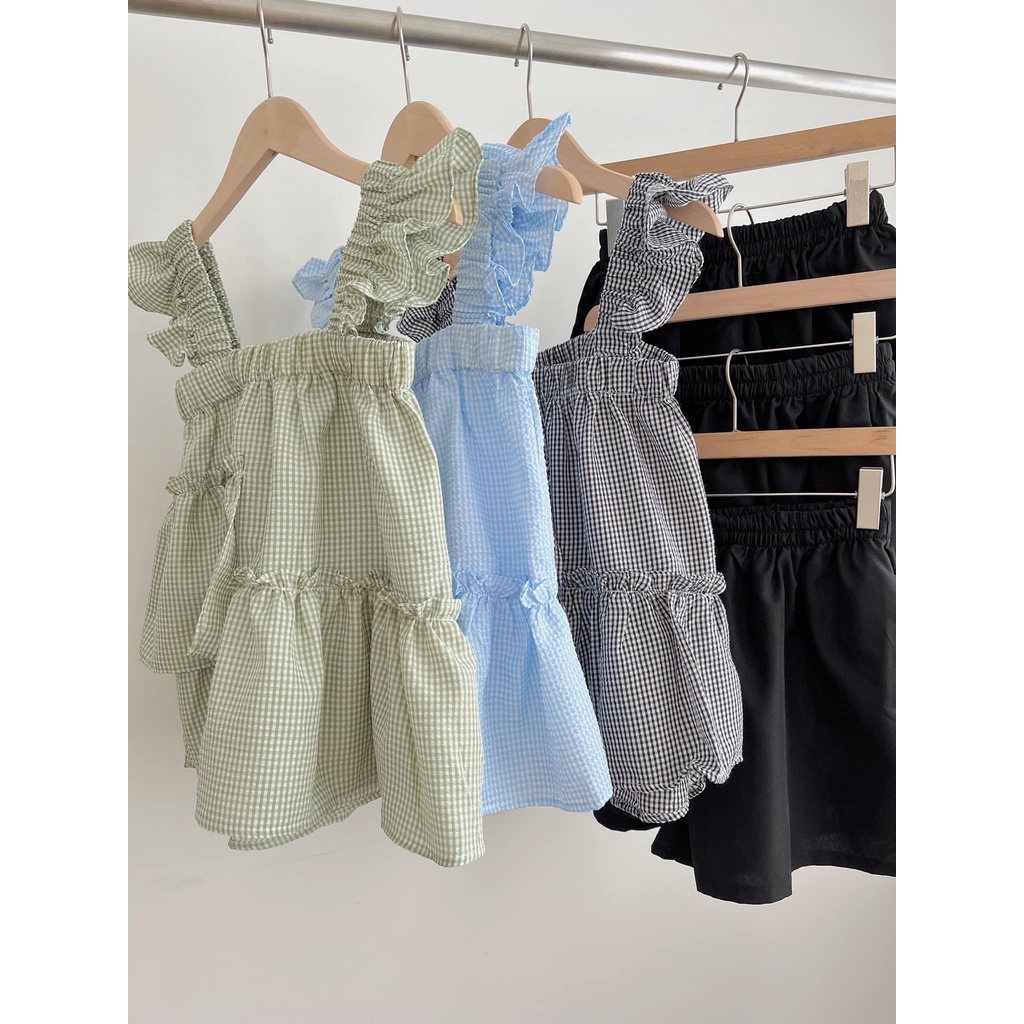 Set áo 2 dây bản to cổ vuông dáng babydoll quần short cạp cao SE028