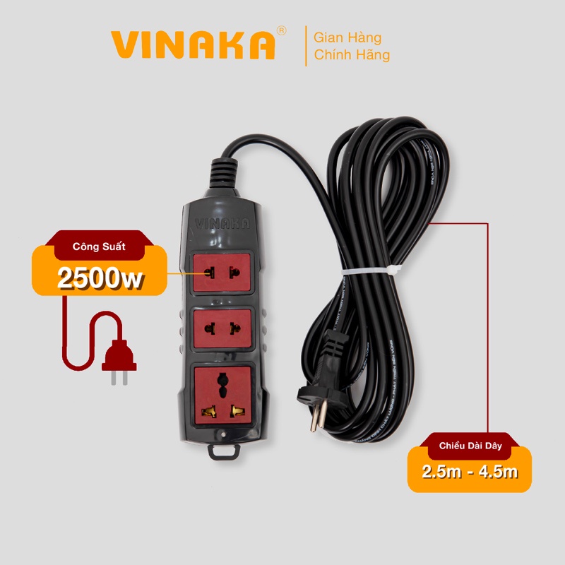 Ổ cắm điện VINAKA liền dây chịu tải 2500W cứng cáp chống vỡ T2/T4