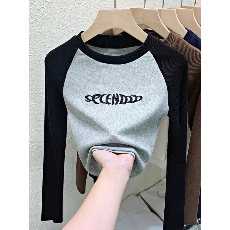 Jiashucheng Áo Thun Tay Dài Dáng Ôm Thêu Họa Tiết Màu Sắc Tương Phản Thời Trang Xinh Xắn Cho Nữ