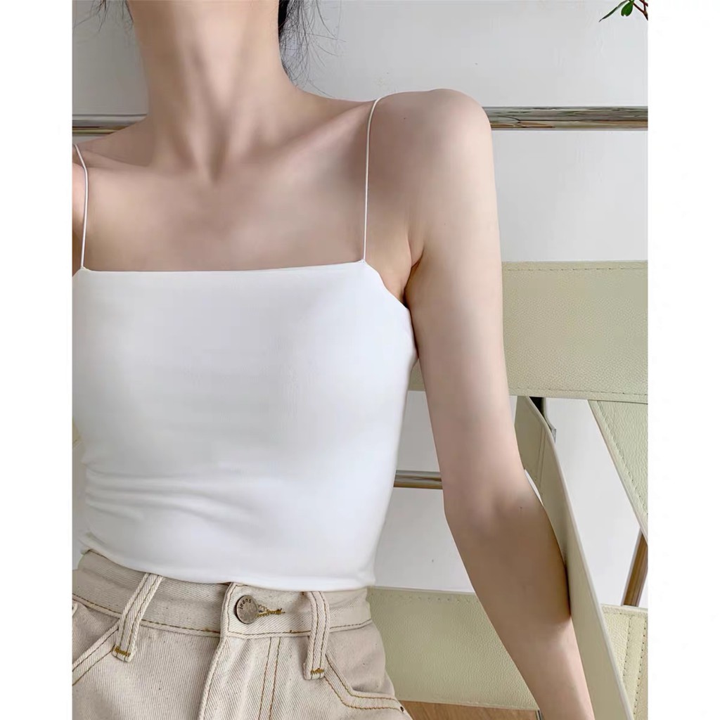 Áo 2 dây nữ trắng đen croptop dáng ôm, áo hai dây nữ cotton V17 thời trang nữ emmei