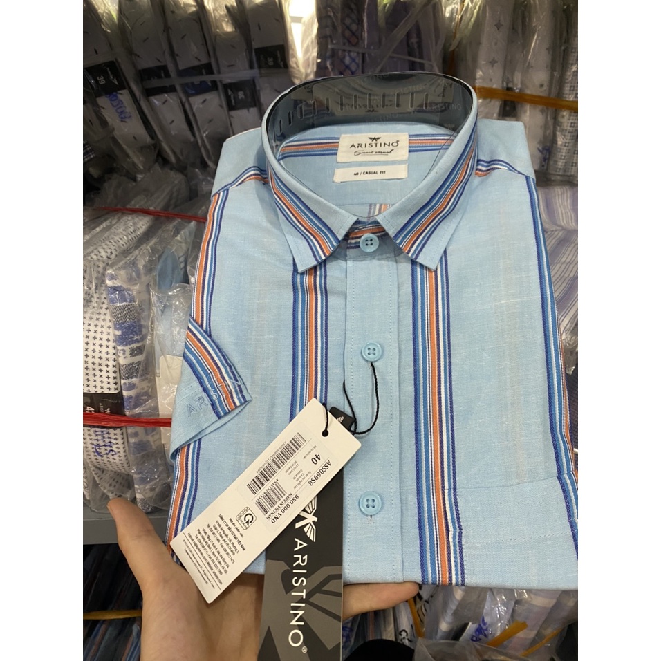 Sơ mi ngắn tay Aristino ASS069S8 sợi linen cao cấp siêu mát, kẻ siêu sang chảnh casual tà lượn