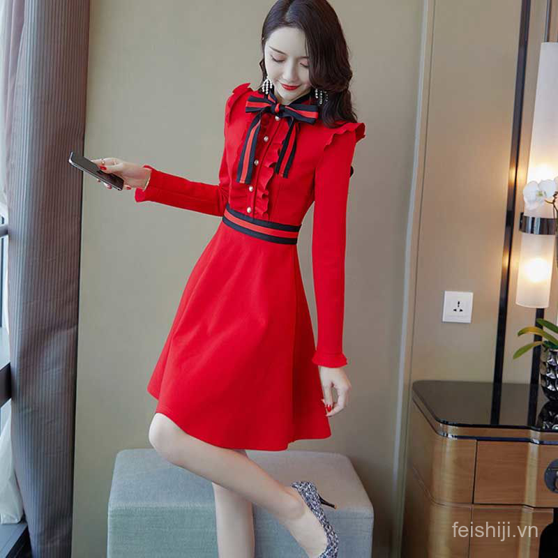 2020Autumn and Winter Dress Red New Style Chanel Style Slim Fit Sweater Bottoming Long Sleeve Mid-Length OIqy