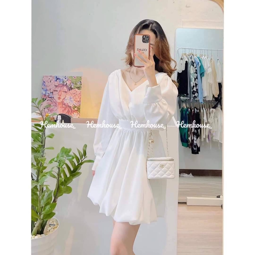 Đầm trắng nữ cổ tim tay bồng phong cách hàn quốc NAVISA V307