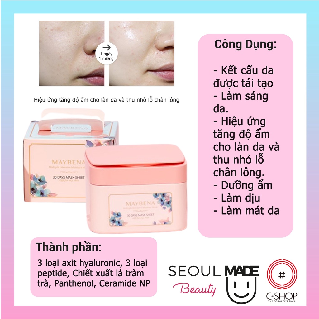 Hộp mặt nạ dưỡng ẩm làm dịu và se khít lỗ chân lông MAYBENA Multiple Intensive Moisture Mask 30 miếng_Mỹ phẩm Hàn Quốc