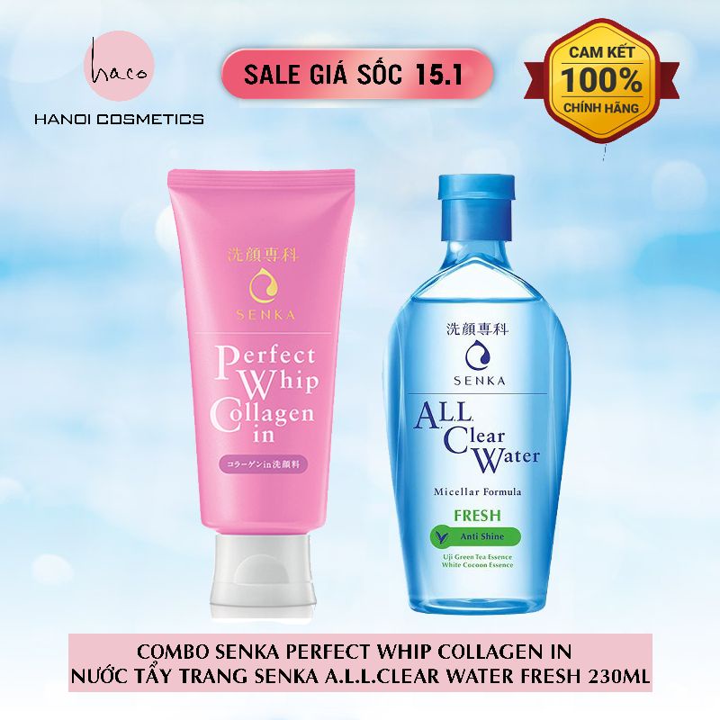 COMBO Senka Perfect Whip Collagen In 120g &amp; Nước tẩy trang Senka All Clear Water Fresh 230ml