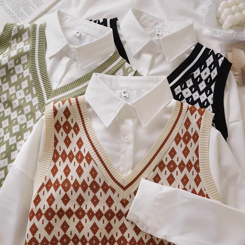 Áo gile nữ Chelgy vải len form rộng không tay hoạt tiết thổ cẩm hình thoi freesize Quảng Châu CG-GLHT104