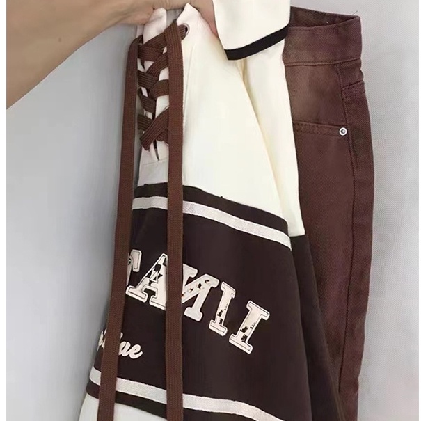 ZHELIHANGFEI Áo Sweater Tay Dài Cổ POLO Buộc Dây Kiểu Retro Nhật Bản Dễ Phối Đồ