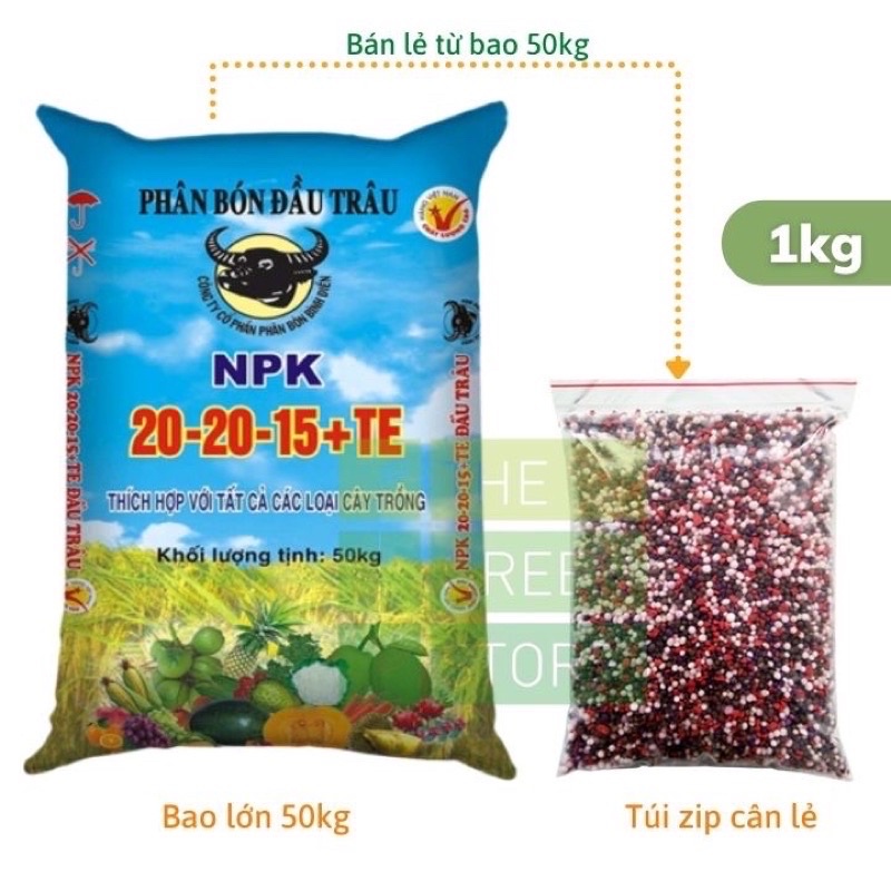 1kg Phân bón NPK Đầu Trâu 20-20-15 + TE (bán lẻ từ bao 50kg) cho rau màu, hoa kiểng (hồng, mai, bonsai...), cây ăn trái