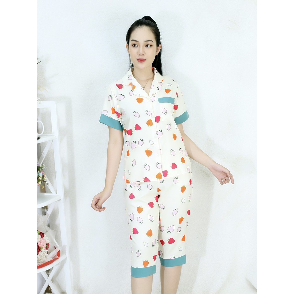 [HÌNH THẬT 100%] Bộ đồ Pijama nữ lửng họa tiết  HỌA TIẾT QUẢ DÂU - vải siêu lụa cao cấp - Cực Kì Sang Chảnh