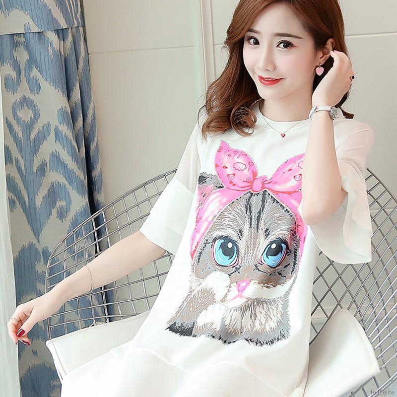 Đầm tay lỡ cổ tròn hoạ tiết mèo đáng yêu