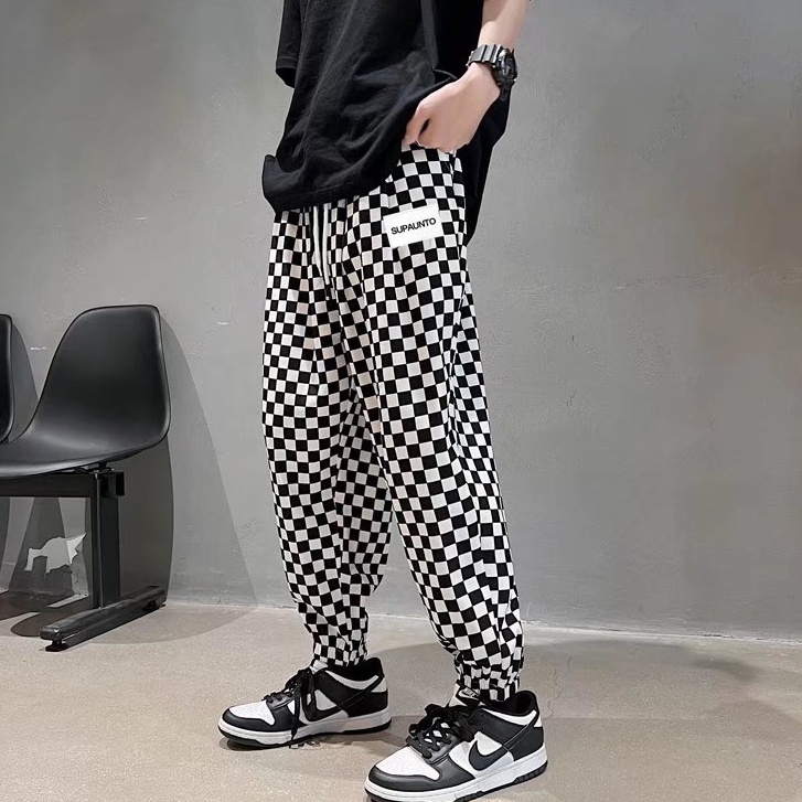 Quần ống rộng Sọc Caro Trắng Đen Thời Trang Nam Tính