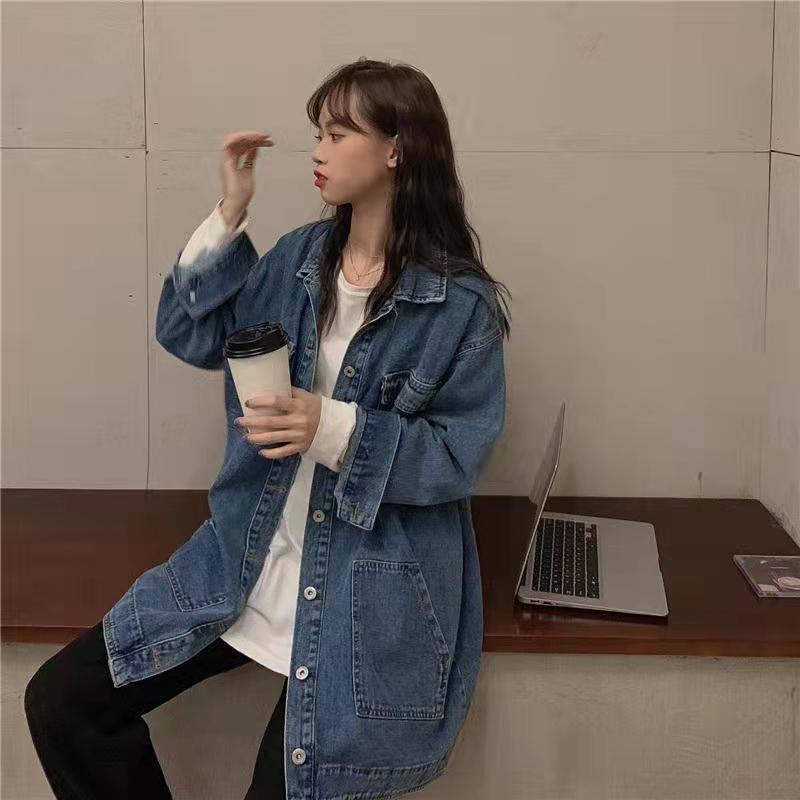 Đầm denim Tay Dài Dáng Rộng Chiết Eo Cổ Điển Thời Trang Xuân Thu Hàng Mới Dành Cho Nữ