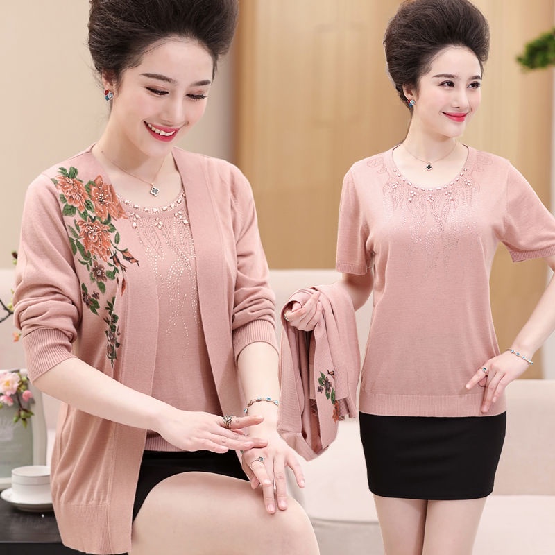 Mùa xuân hai mảnh dệt kim mỏng bà áo khoác mùa xuân và mùa thu Quần áo mùa hè của phụ nữ trung niên và cao tuổi