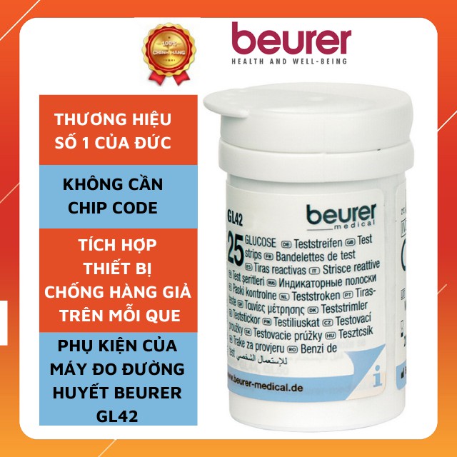 Que thử đường huyết Beurer GL42, 25 que/ hộp, không cần chip code, tích hợp chống hàng giả trong mỗi que