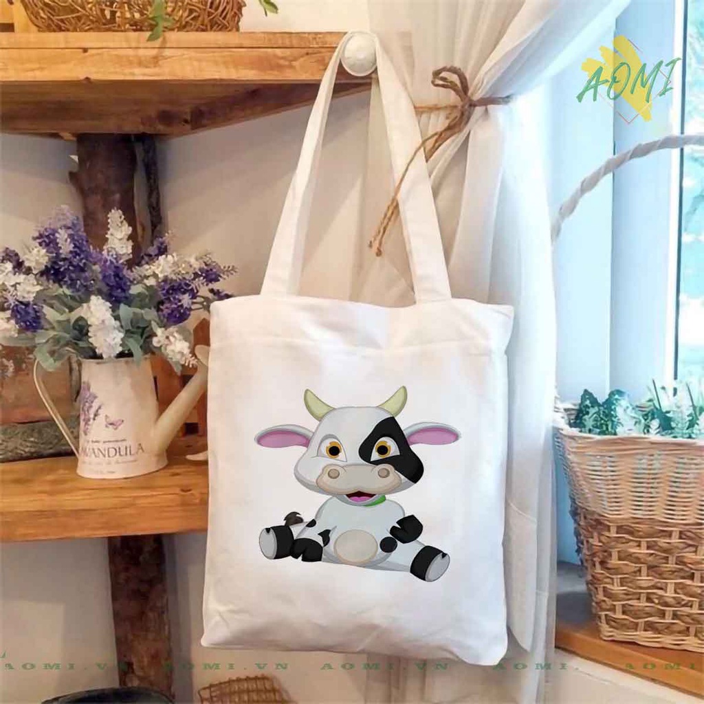 TOTE CANVAS bò sữa milk TÚI VẢI ĐEO VAI BAG CÓ KHÓA KÉO SIZE LỚN 33x38cm AOMIVN DU LỊCH DẠO PHỐ