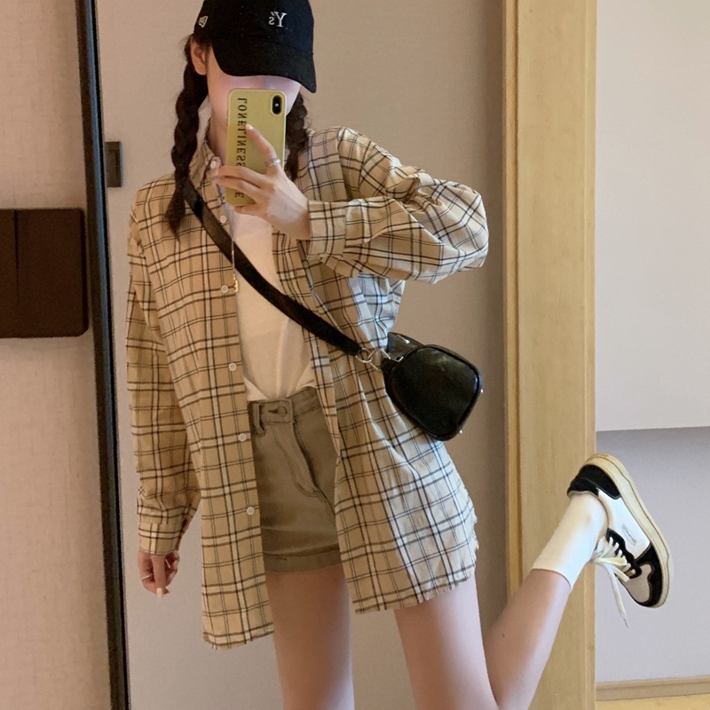 SUXI Áo Sơ Mi Tay Dài Dáng Rộng Kiểu Hàn Quốc Họa Tiết Sọc Caro Cá Tính