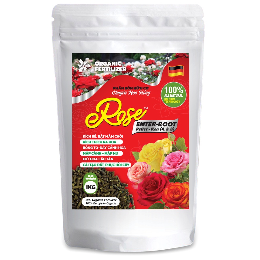 Phân bón nhập khẩu Bỉ hữu cơ Rose Enter-Root 4.3.3.75OM | Chuyên Hoa Hồng (1kg)