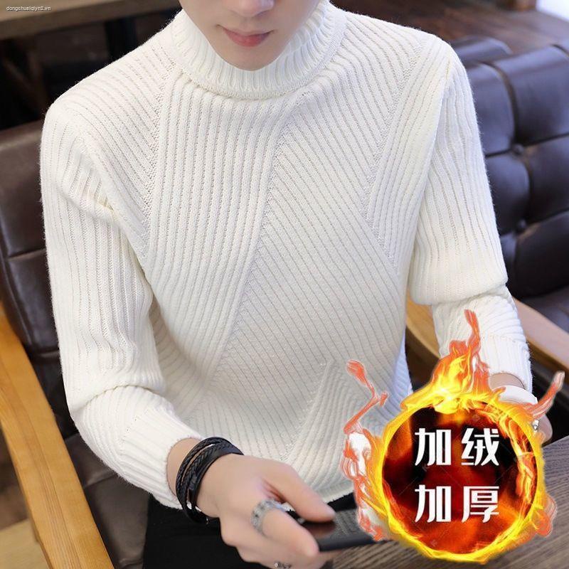 Áo sweater dệt kim mỏng cổ lọ màu trắng trơn thời trang thu đông Hàn Quốc cho nam