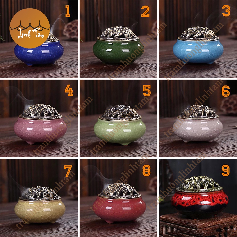 Com bo Lư xông trầm hương đỉnh đốt nhang gốm sứ + 10 nụ trầm tặng lót chống cháy