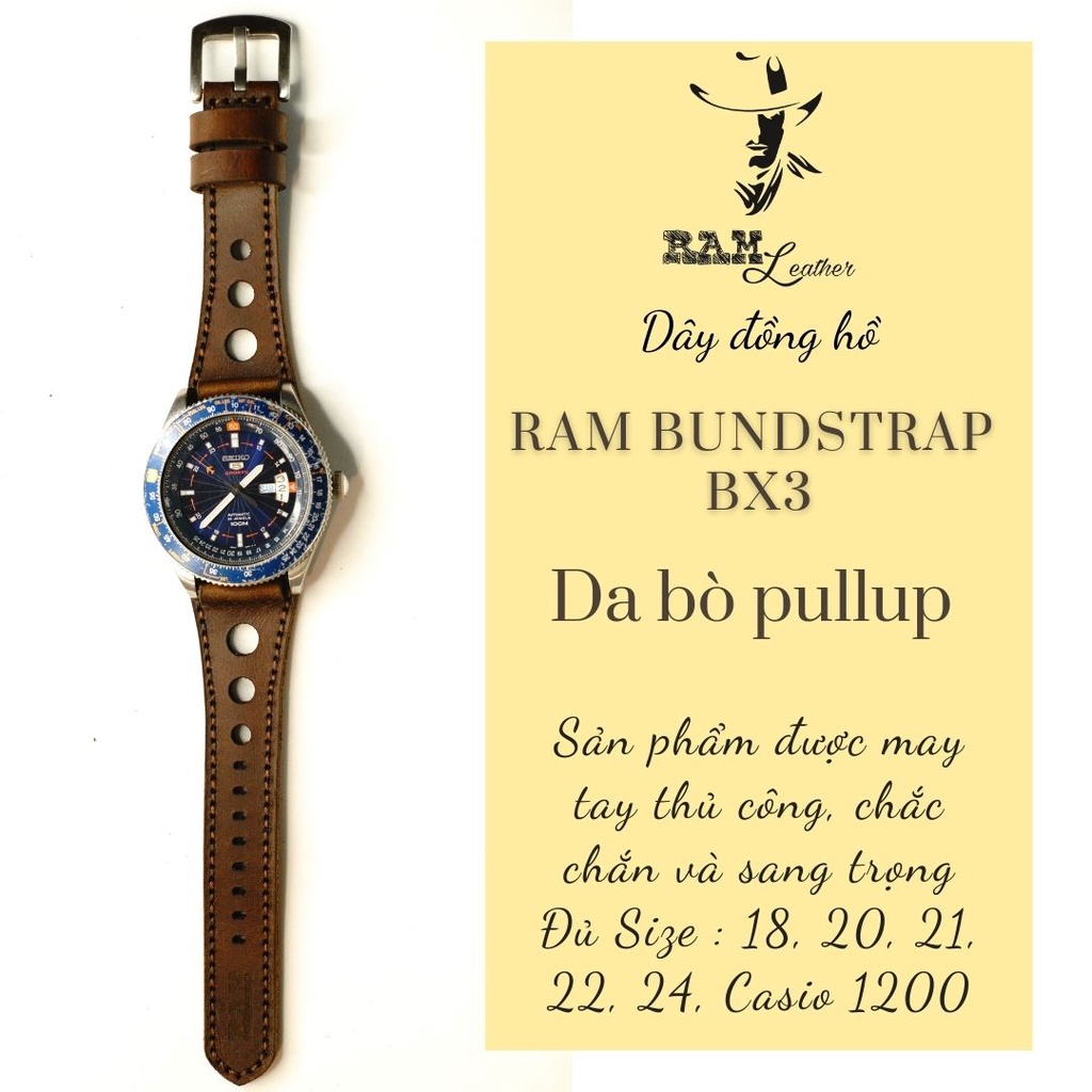 Dây đồng hồ 18mm da bò thật handmade bền chắc cực đẹp RAM Leather - tặng khóa chốt và cây thay dây