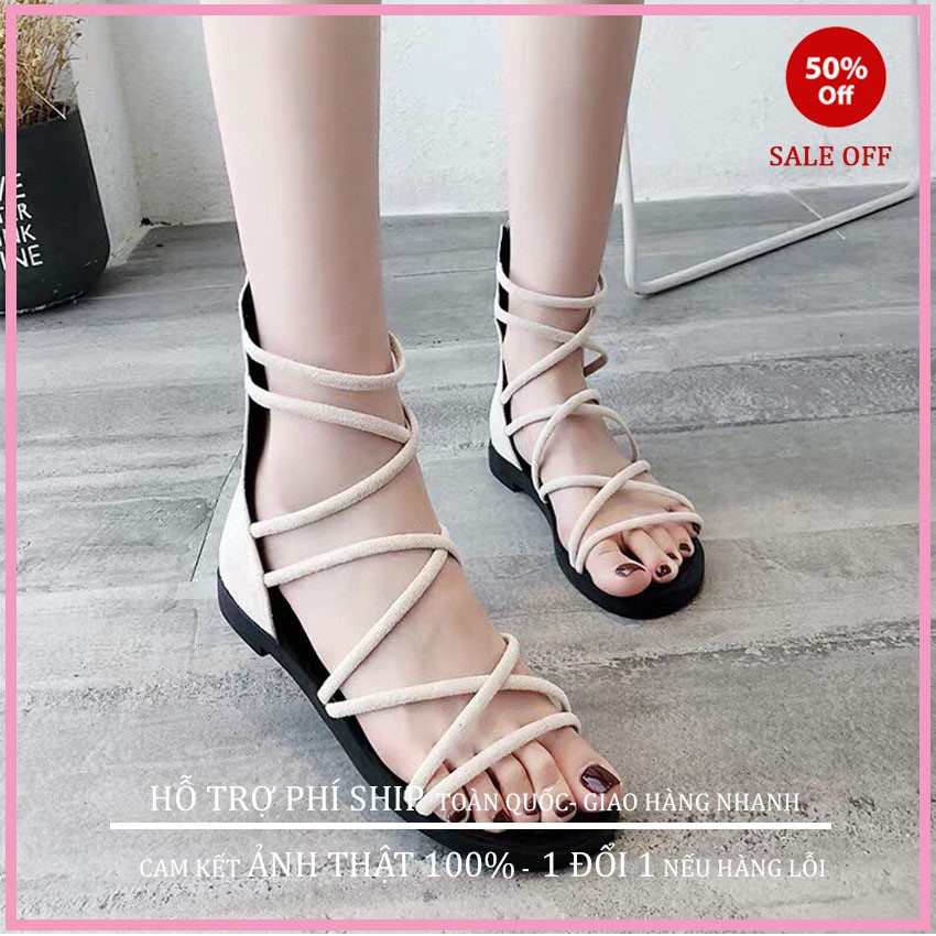 Dép Sandal Chiến Binh Khóa Sau đế thấp đi học phối dây chéo cá tính. dép nữ .MET SHOP