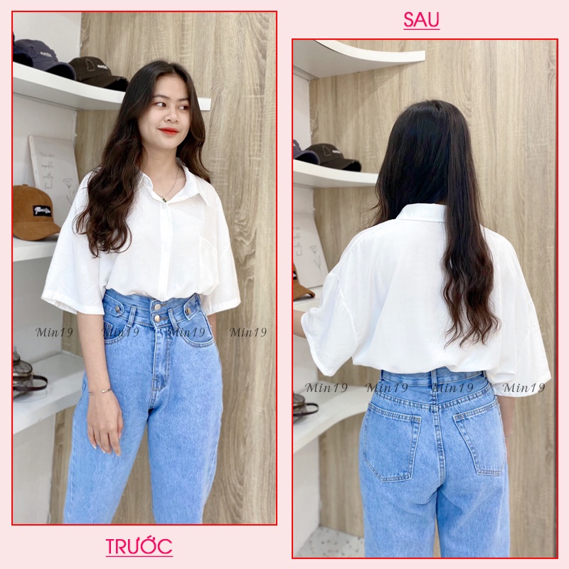 Áo Sơ Mi Nữ Form Rộng MIN19 Sơ Mi Kiểu Công Sở Hàn Quốc Oversize Tay Ngắn Vạt Lệch Màu Trắng Đen Thời Trang | BigBuy360 - bigbuy360.vn