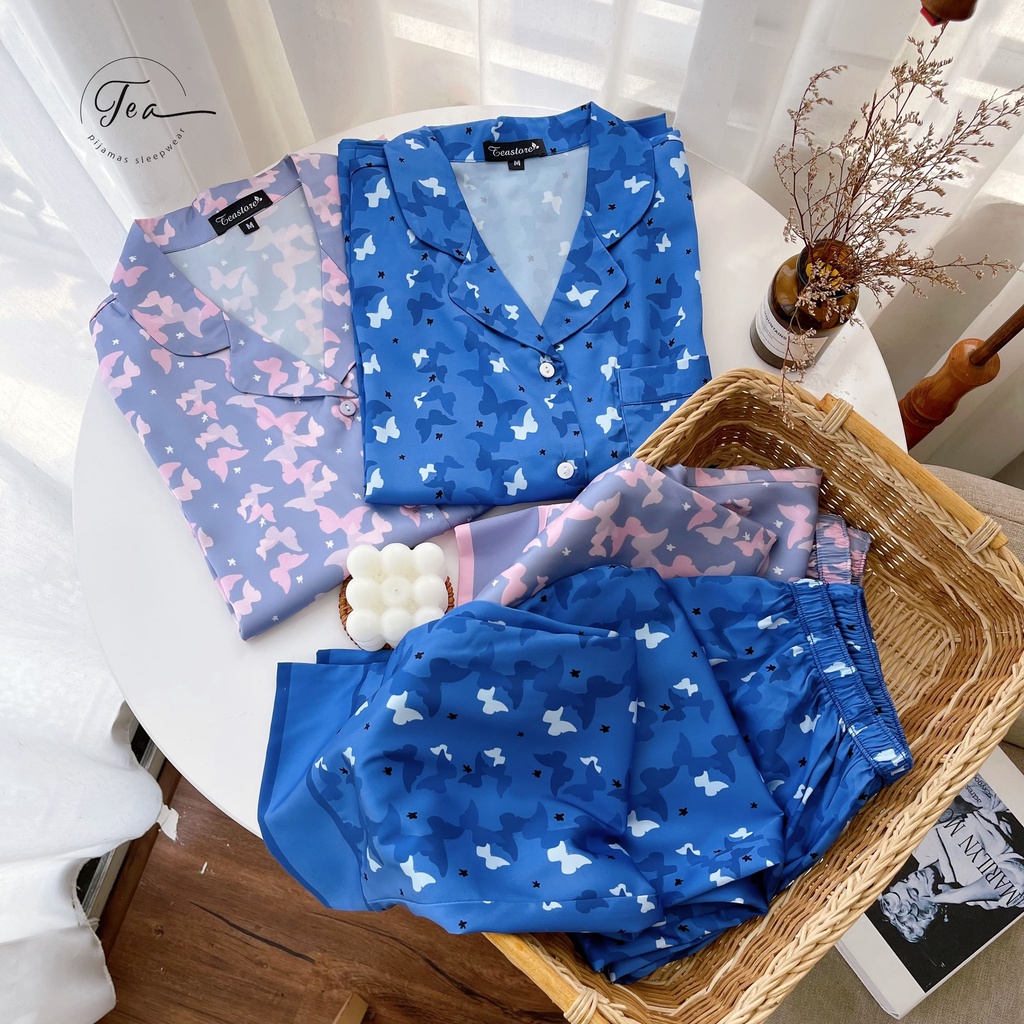 Bộ mặc nhà pyjama lụa cao cấp Tea Store tay dài quần dài họa tiết bươm bướm 4 màu