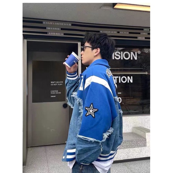 Áo Varcity Vải dạ tay da 2 lớp họa tiết thêu phối jean