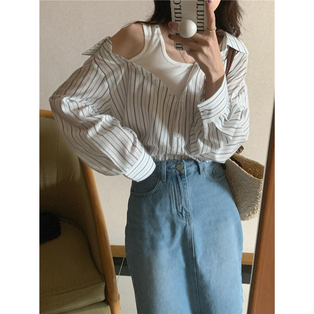 Áo Sơ Mi Kẻ Sọc Dài Tay Phối Lớp Ngoài Phong Cách Hàn Quốc 54450