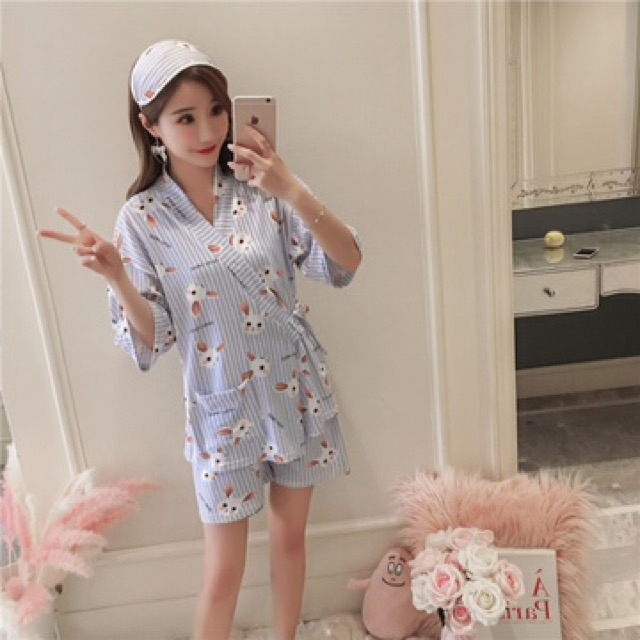 Đồ bộ mặt nhà Kimono ngắn con thỏ sọc ( có big size)