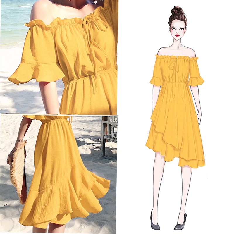 Đầm Chiffon Trễ Vai Màu Vàng Phong Cách Cổ Điển Pháp Thời Trang Đi Biển Mùa Hè Cho Nữ