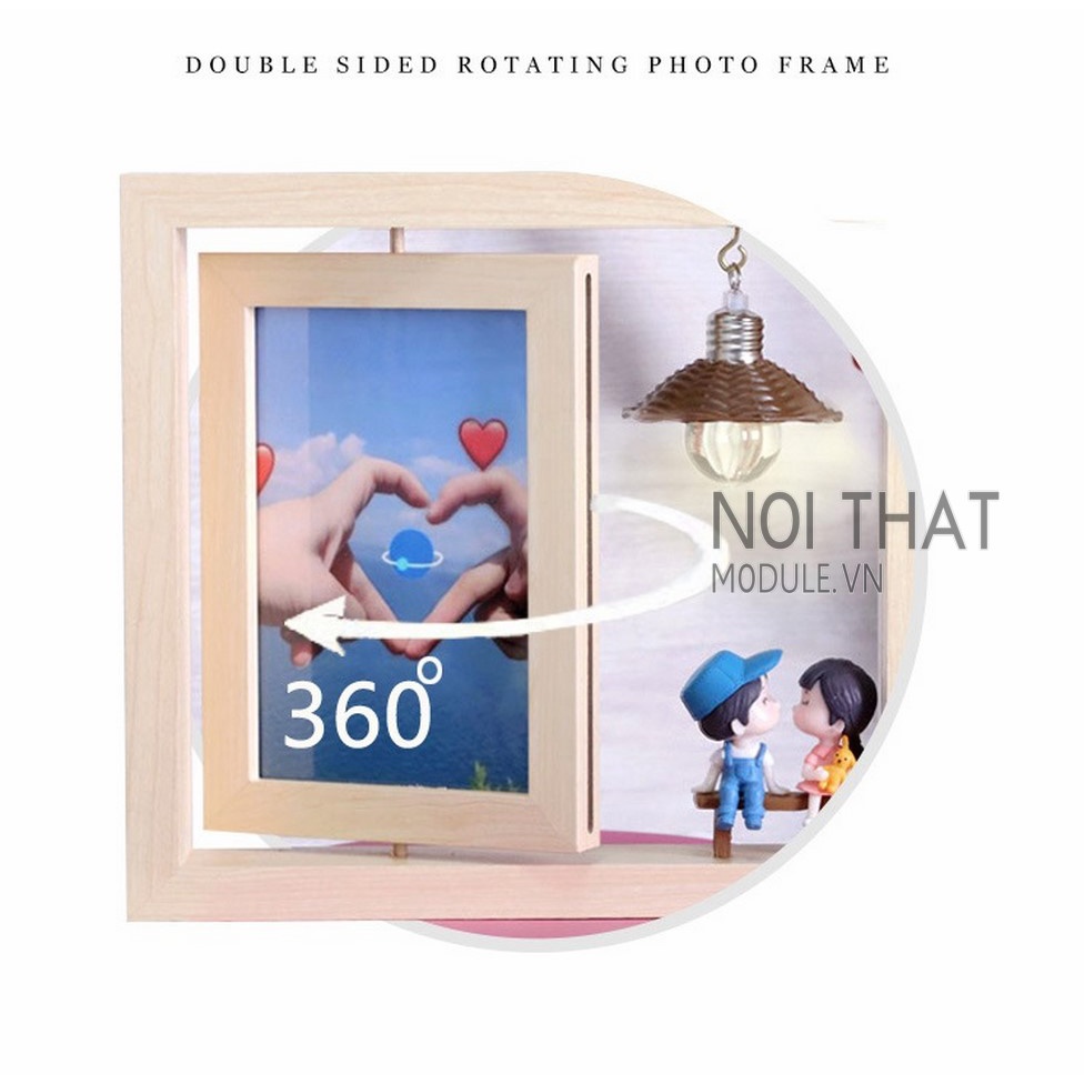 Khung ảnh để bàn 2 mặt xoay 360 độ decor trang trí chất liệu 100% gỗ thông tự nhiên